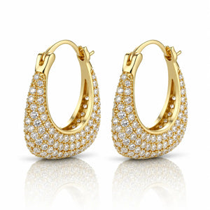 Gold hoop earrings with diamond accents on a white background