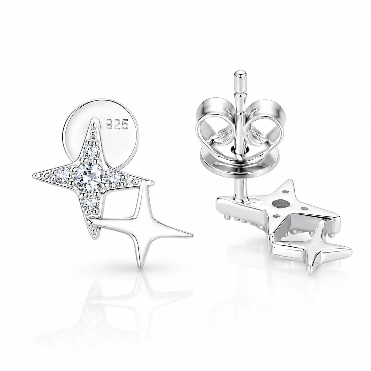 Sterling silver star stud earrings with clear cubic zirconia accents, shown from multiple angles on a reflective white background. One earring is shown from the front with the '925' sterling silver hallmark visible on the post, and another shows the butterfly back.