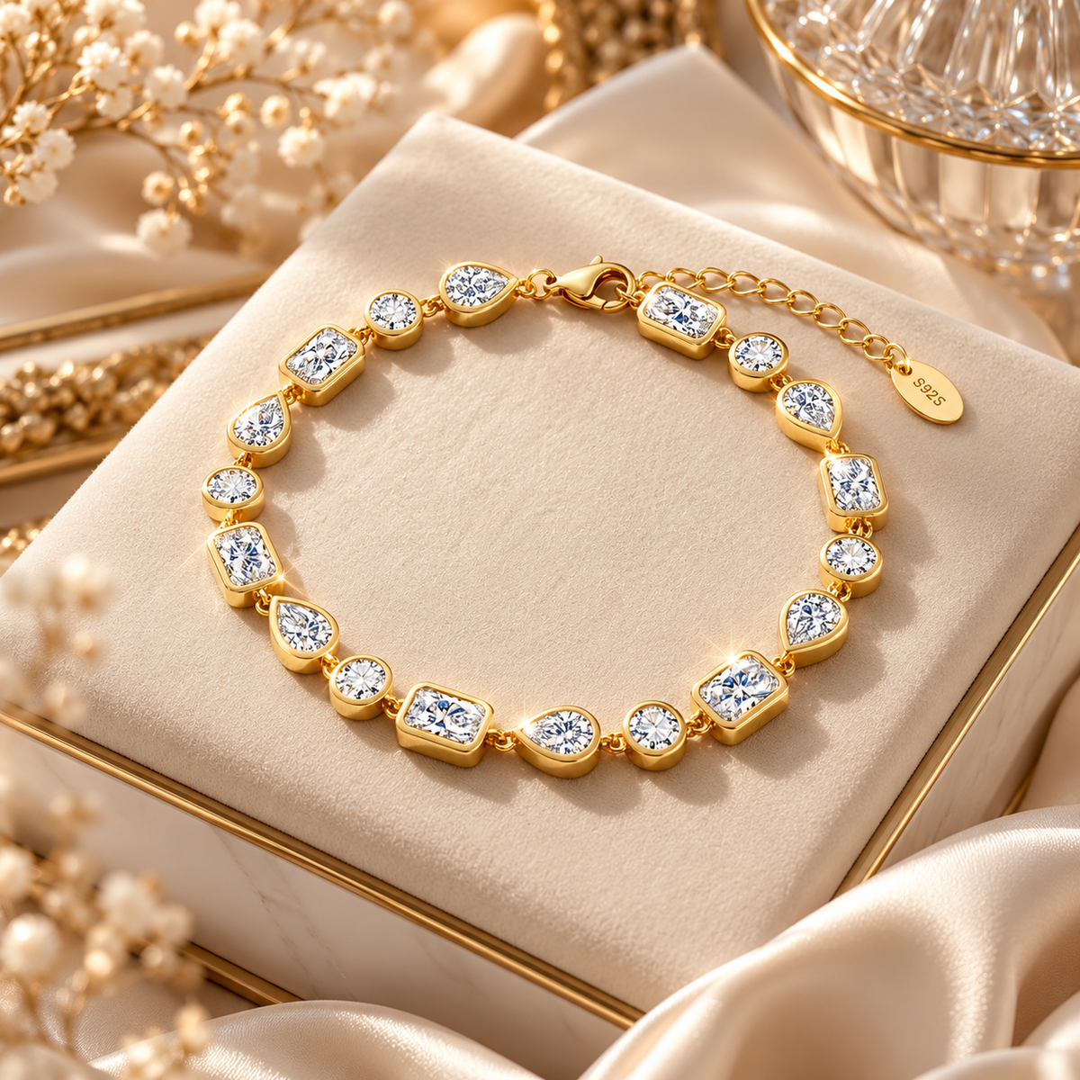 Celine Adjustable Mixed Shape Zirconia Tennis Bracelet - Gold-Plated 925 Sterling Silver  Jewellar