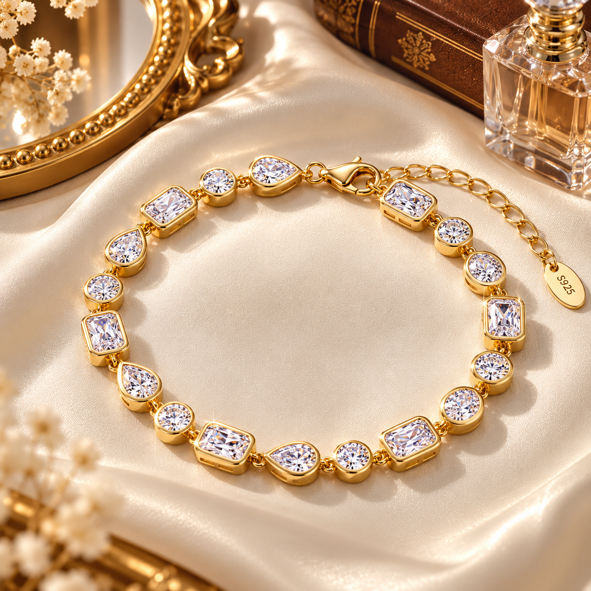 Celine Adjustable Mixed Shape Zirconia Tennis Bracelet - Gold-Plated 925 Sterling Silver  Jewellar