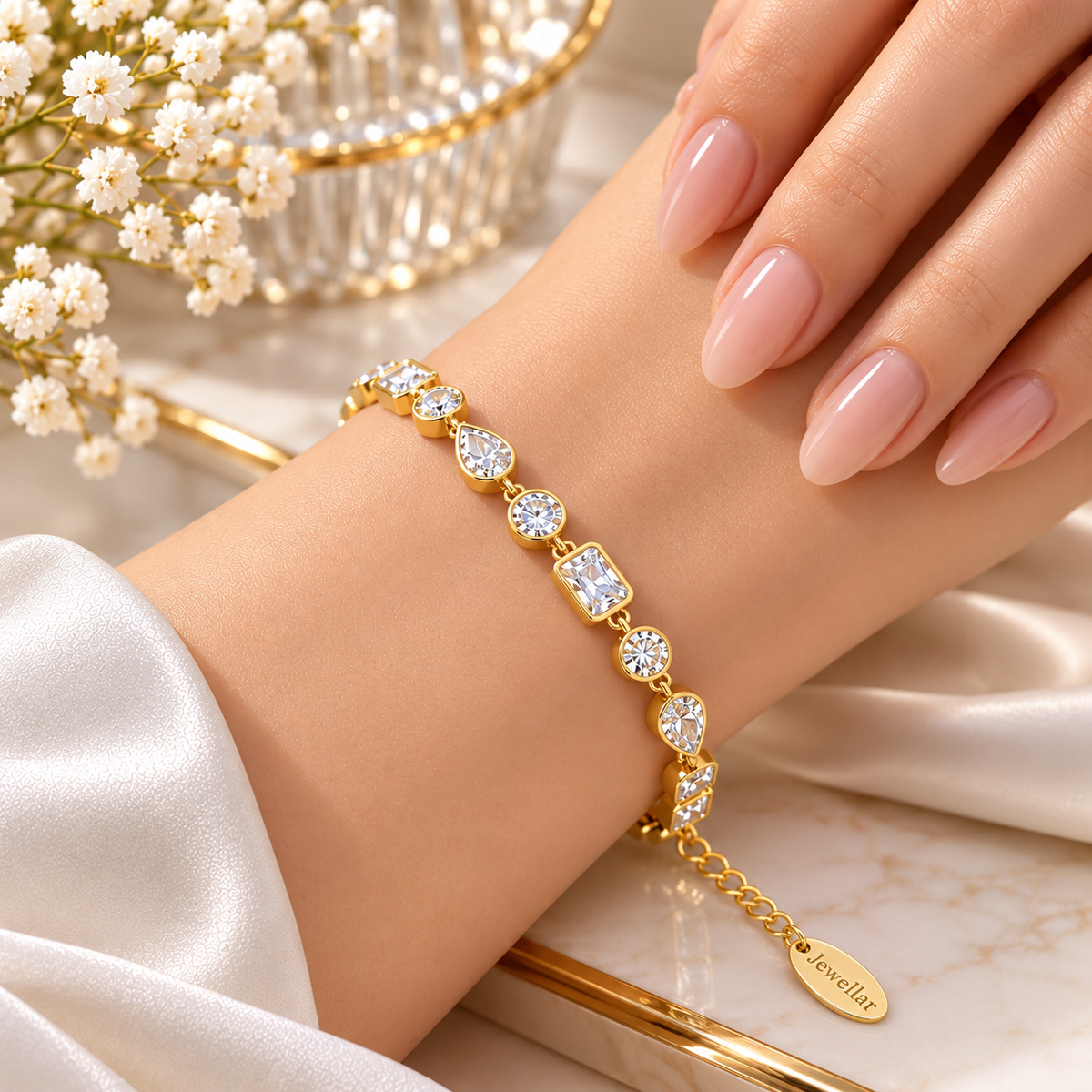 Celine Adjustable Mixed Shape Zirconia Tennis Bracelet - Gold-Plated 925 Sterling Silver