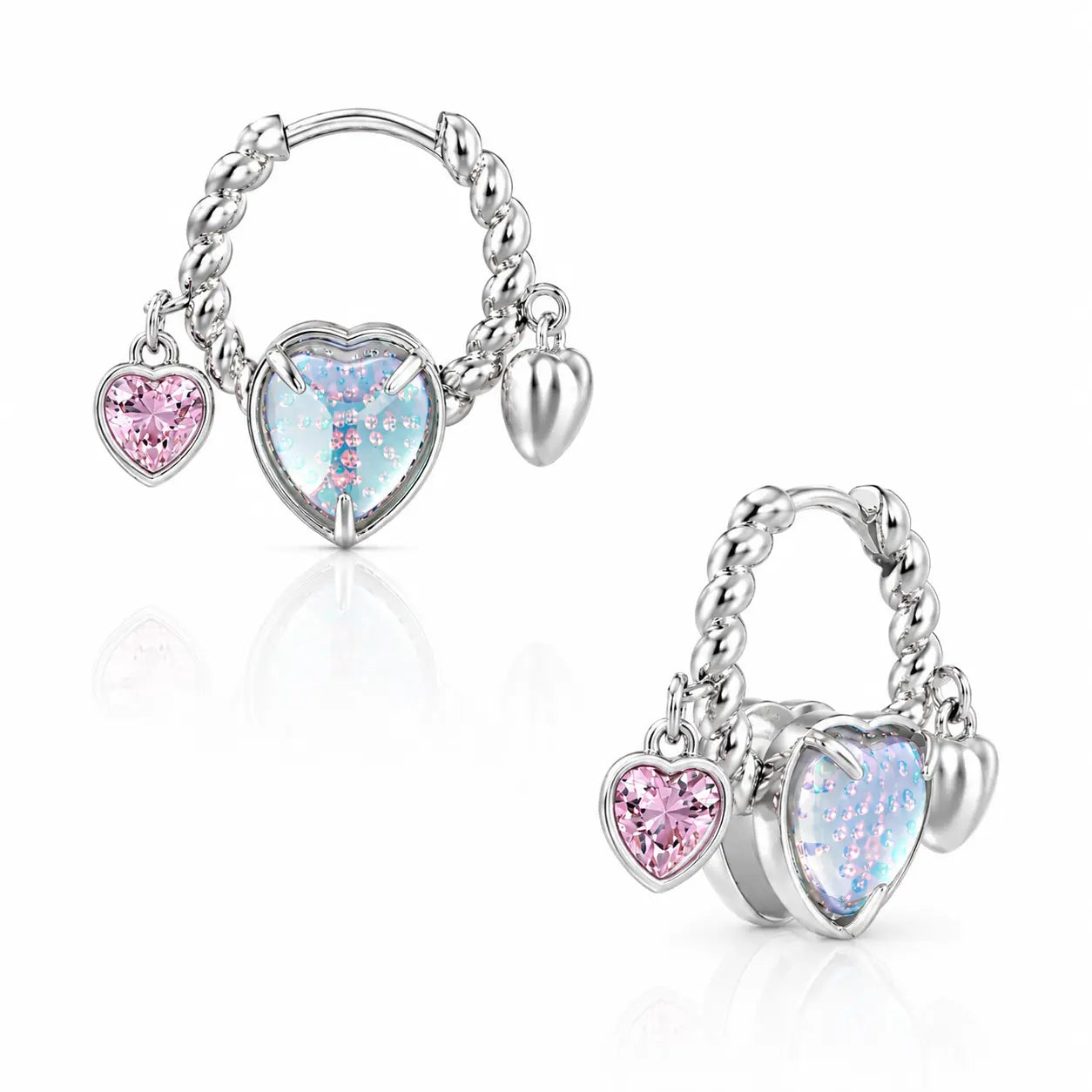 Étincelle Zirconia Heart Charm Hoop Earrings in White Gold Plating