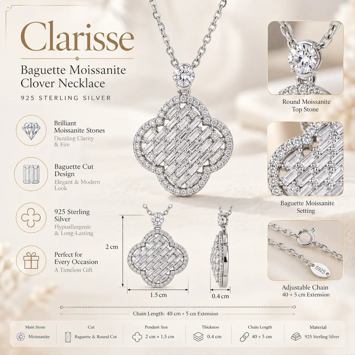 Clarisse Baguette Moissanite Clover Necklace - 925 Sterling Silver