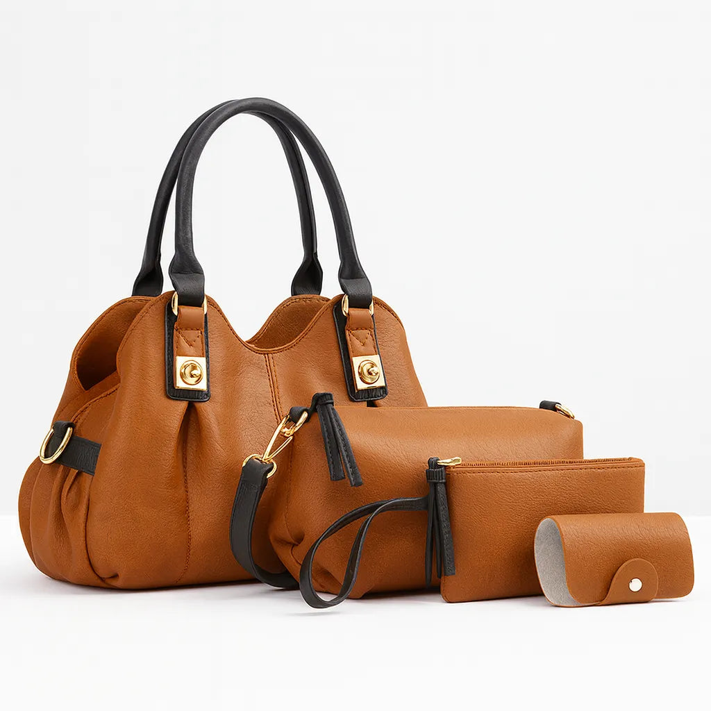 Classic 4-Piece Leather Handbag Set in brown – includes tote, shoulder bag, clutch, and wallet – by Jewellar