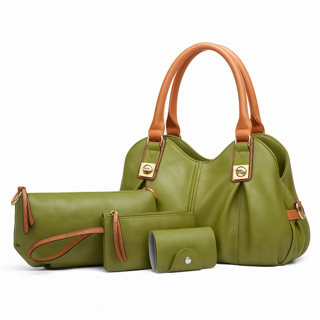 Classic 4-Piece Leather Handbag Set in brown – includes tote, shoulder bag, clutch, and wallet – by Jewellar