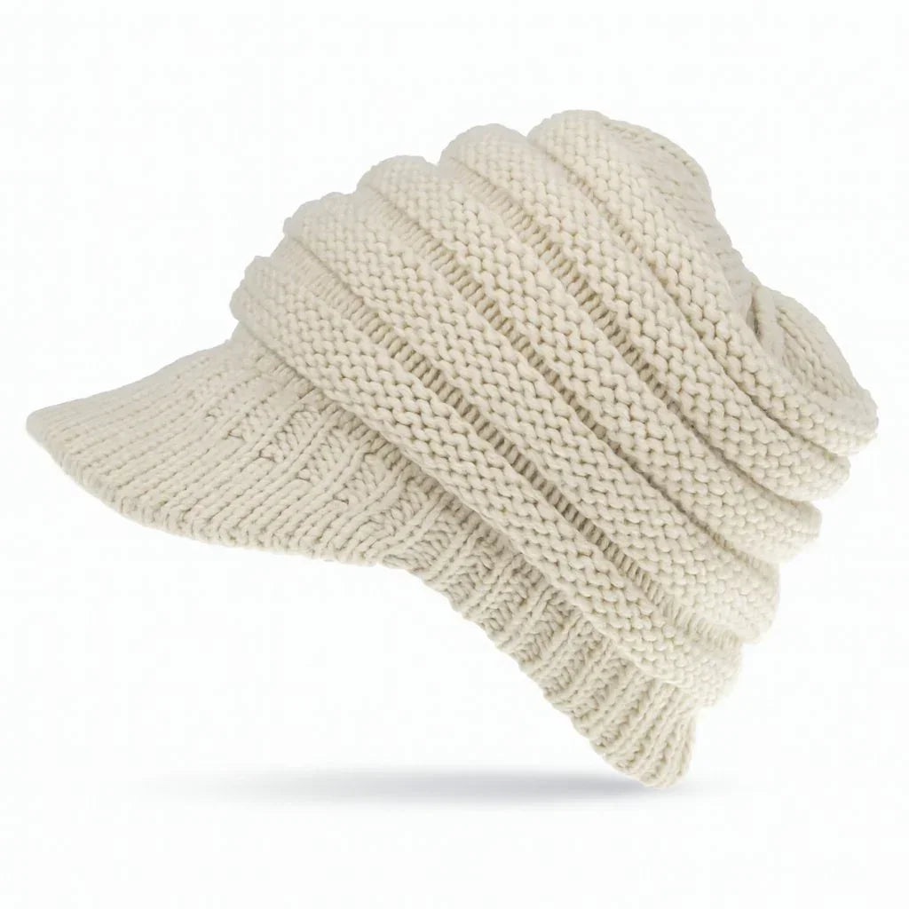Women’s winter knit beanie with ponytail opening – warm and soft cap for updos