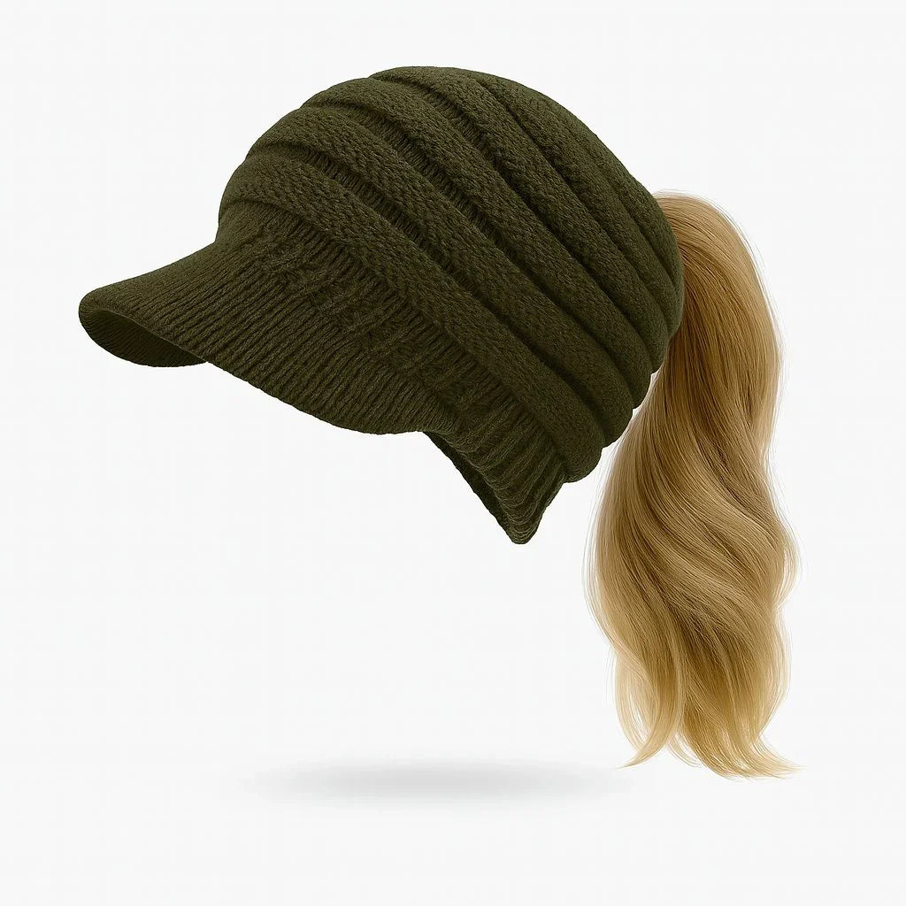 Women’s winter knit beanie with ponytail opening – warm and soft cap for updos