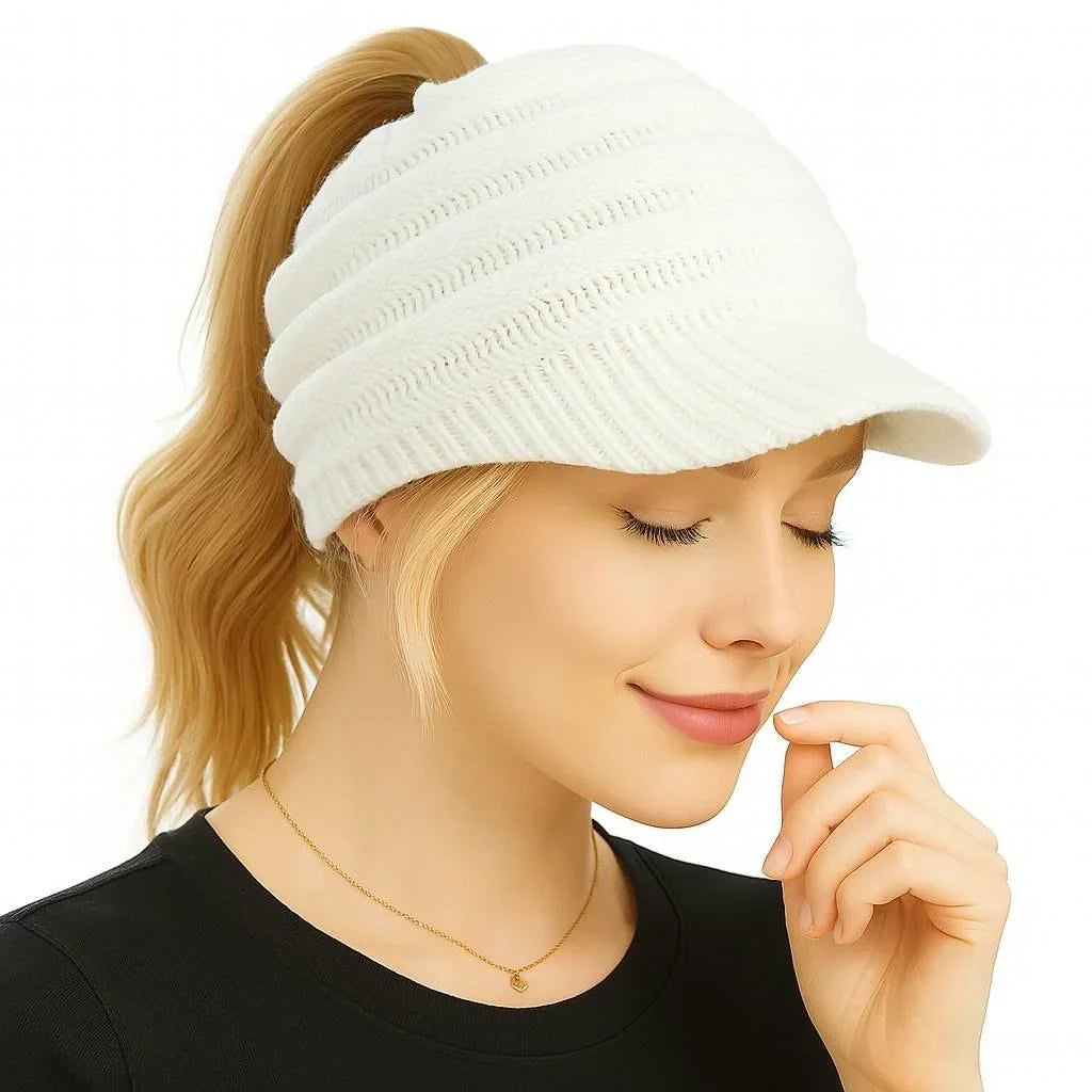 CozyTail – Women’s Knit Beanie with Ponytail Opening - Jewellar