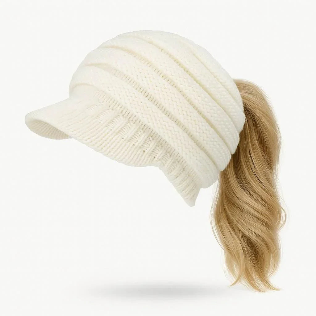 CozyTail – Women’s Knit Beanie with Ponytail Opening - Jewellar