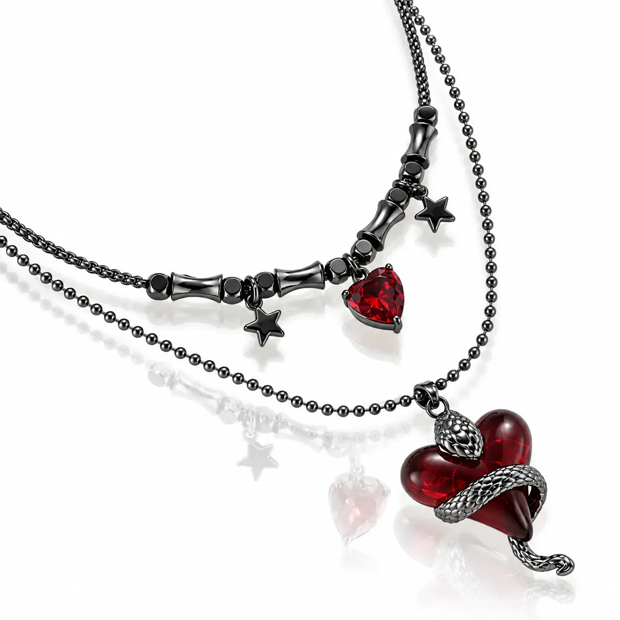 Crimson Hearts Layered Necklace - Black Plated