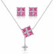 Silver-tone jewelry set featuring a necklace, matching stud earrings, and a small pendant charm. The necklace and earrings have square pink gemstone centers set with clear stones in a cross pattern, with the necklace chain extending to the edges of the frame.