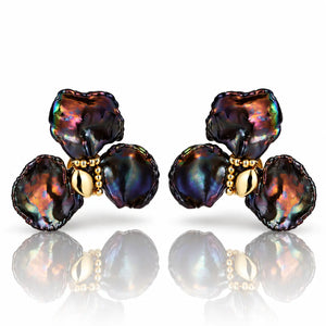 Dark Baroque Pearl Cluster Earrings - 18K Gold Plated
