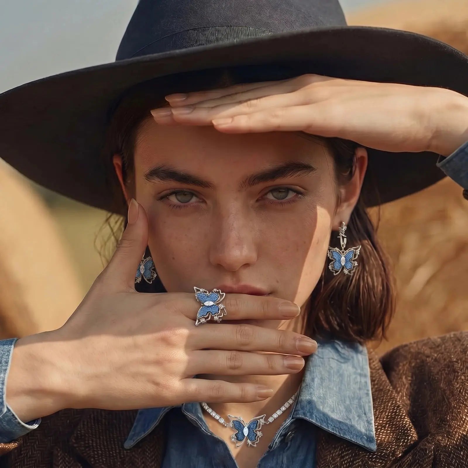 Woman wearing butterfly-themed jewelry with a hat and denim shirt in a desert setting