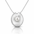 A silver pendant necklace featuring a brushed circular disc with a single white pearl at its center, suspended from a fine silver chain on a white background with a soft reflection below.