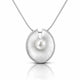 A silver pendant necklace featuring a brushed circular disc with a single white pearl at its center, suspended from a fine silver chain on a white background with a soft reflection below.