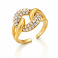 A gold open-bend ring featuring curved bands paved with clear round stones, with one smooth gold band exposed. The inside of the ring is marked '925'.
