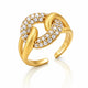 A gold open-bend ring featuring curved bands paved with clear round stones, with one smooth gold band exposed. The inside of the ring is marked '925'.
