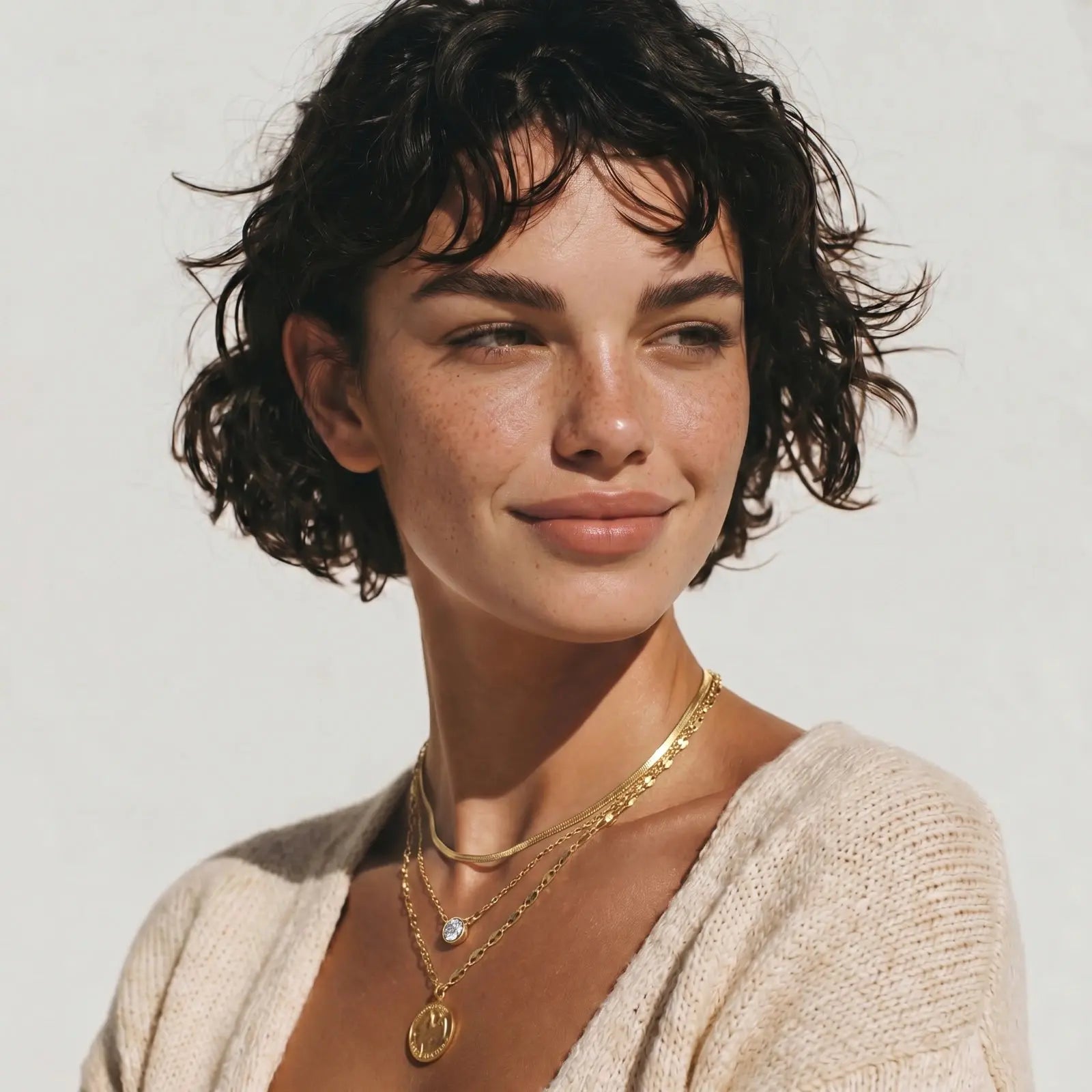 Woman wearing gold necklaces against a plain background