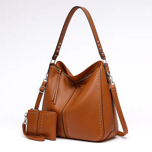 Brown PU leather large-capacity tote bag with top handles and a spacious design, ideal for work, shopping, and daily use.