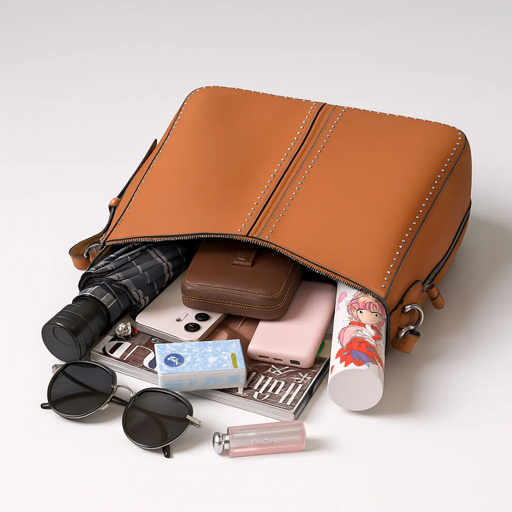 Brown PU leather large-capacity tote bag with top handles and a spacious design, ideal for work, shopping, and daily use.