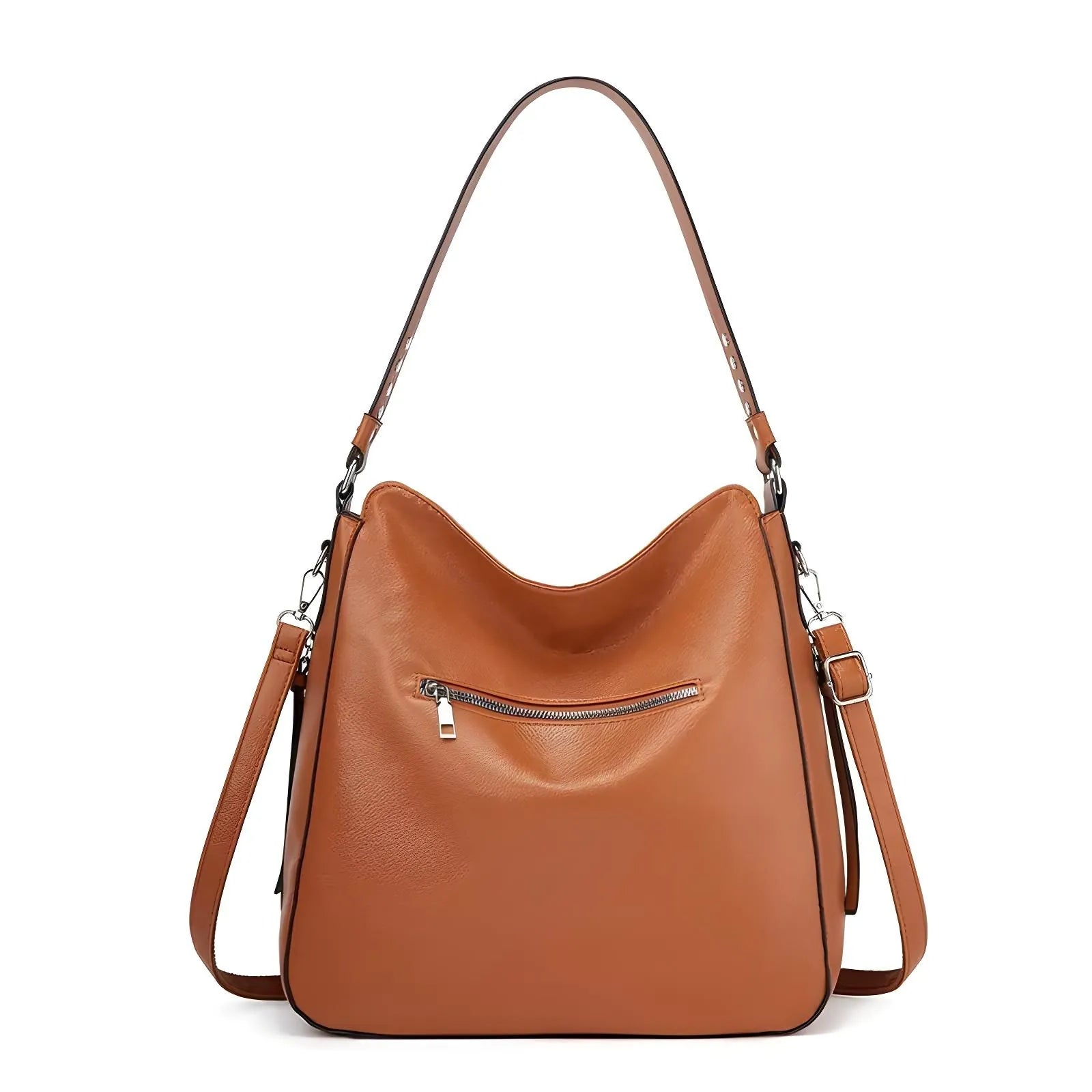 Brown PU leather large-capacity tote bag with top handles and a spacious design, ideal for work, shopping, and daily use.