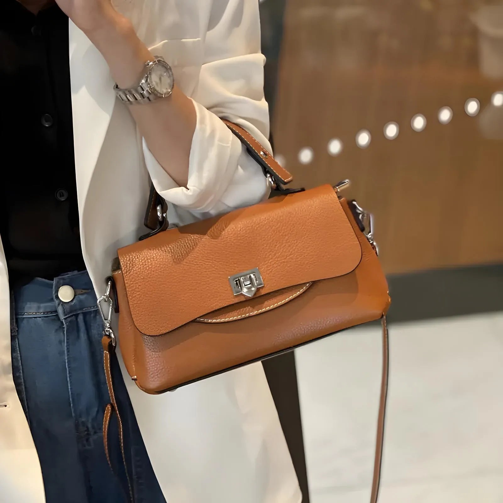 Elegance Carry Messenger Bag – Genuine cowhide leather large-capacity shoulder bag in wine red, white, caramel, and black