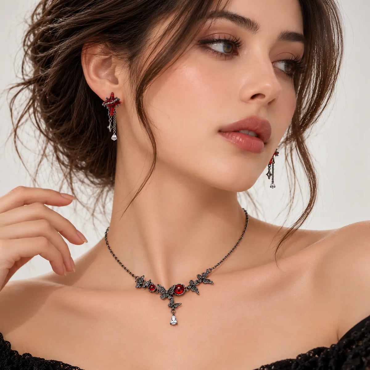 Midnight Butterfly Red Resin Jewelry Set - Gunmetal