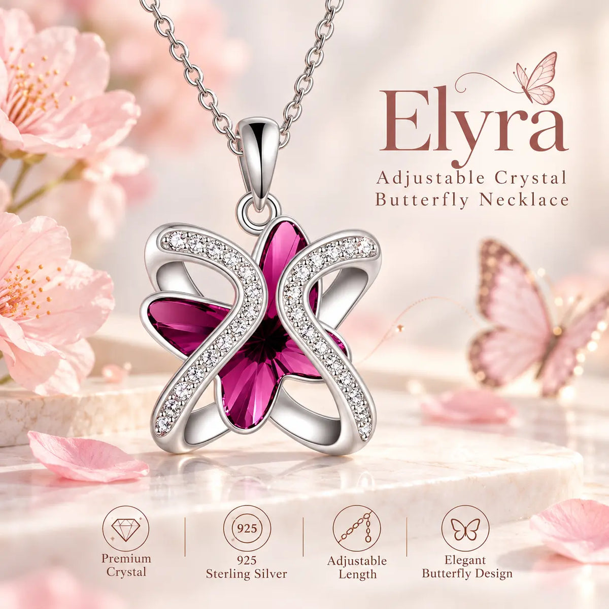 Elyra Adjustable Crystal Butterfly Necklace - Platinum-Plated 925 Sterling Silver