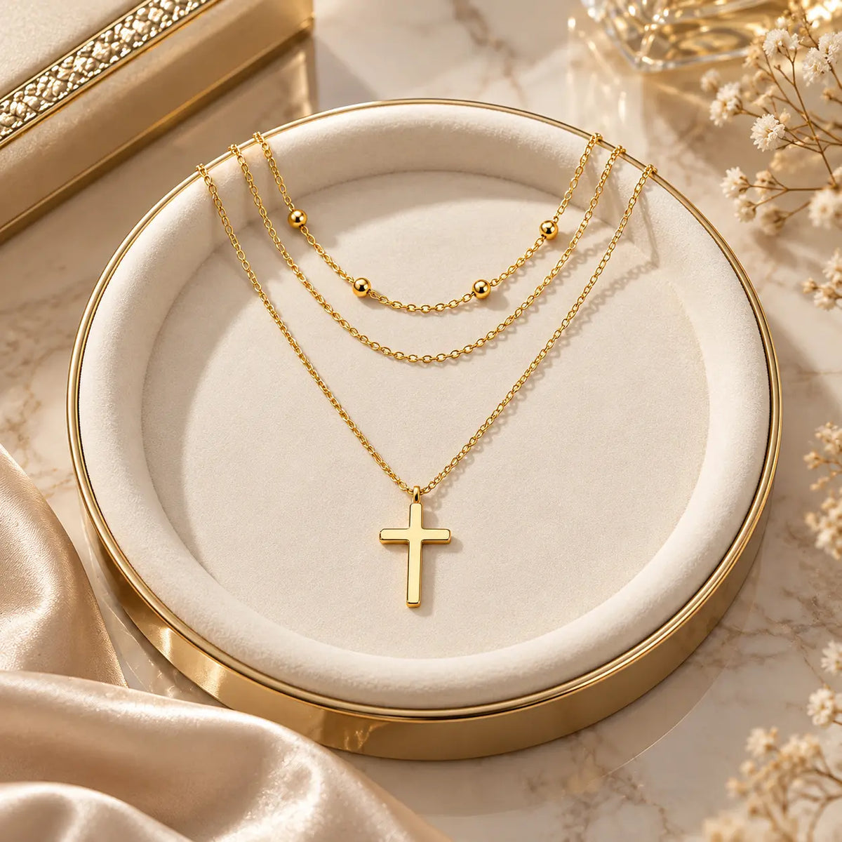 Fidelle Adjustable Triple Layer Cross Necklace - Gold-Plated 925 Sterling Silver