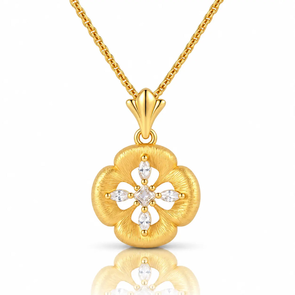Fiore Brushed Flower Zirconia Necklace - 18K Gold-Plated 925 Sterling Silver