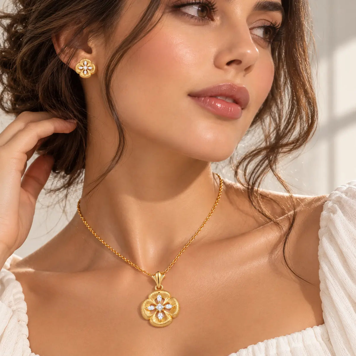 Fiore Brushed Flower Zirconia Necklace - 18K Gold-Plated 925 Sterling Silver