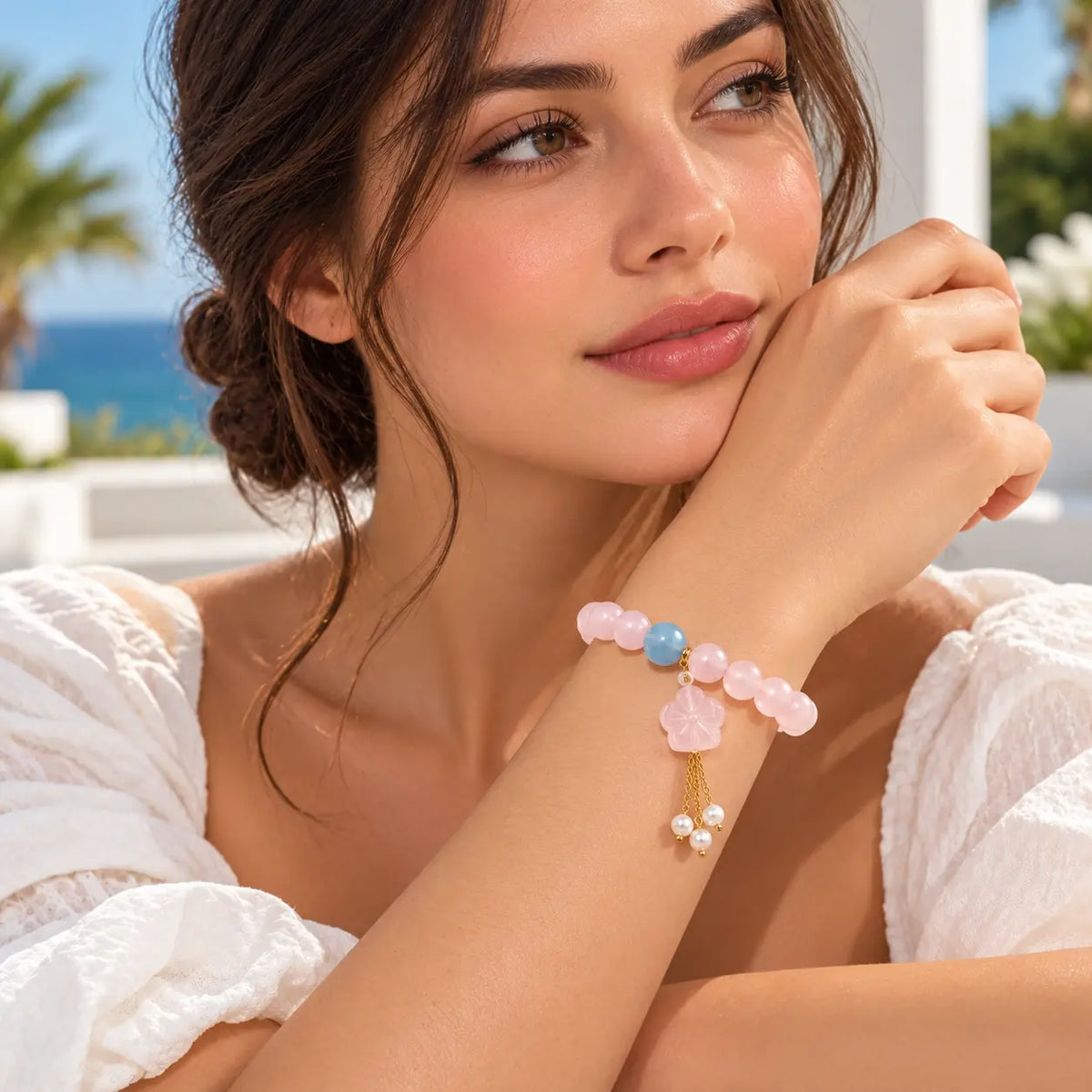 Fleurine Rose Quartz Flower Stretch Bracelet - 18K Gold-Plated 925 Sterling Silver