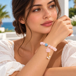 Fleurine Rose Quartz Flower Stretch Bracelet - 18K Gold-Plated 925 Sterling Silver