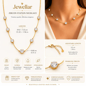 Jeweller Zircon Station Necklace in gold with clear round zircon stones, shown on a cream background with product specs, a close-up of the necklace, an adjustable clasp detail, and a model wearing the necklace.