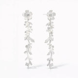 Silver drop earrings with intricate floral and leaf design, accented with sparkling stones