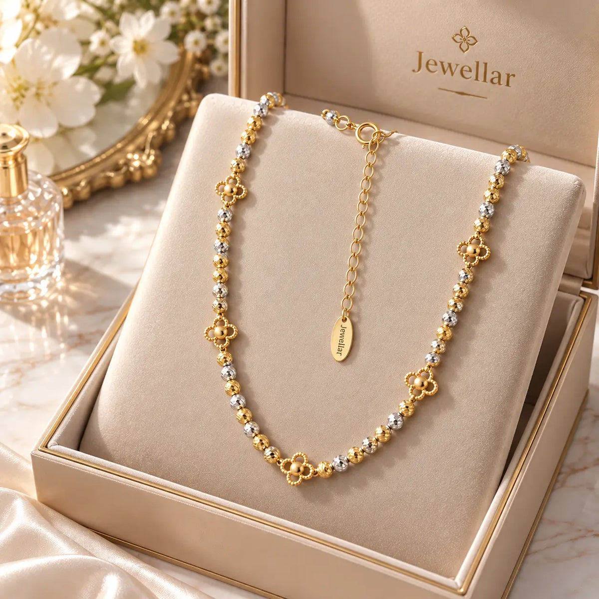 Florelle Adjustable Two Tone Beaded Clover Necklace - Gold-Plated 925 Sterling Silver