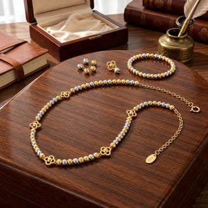 Florelle Adjustable Two Tone Beaded Clover Necklace - Gold-Plated 925 Sterling Silver