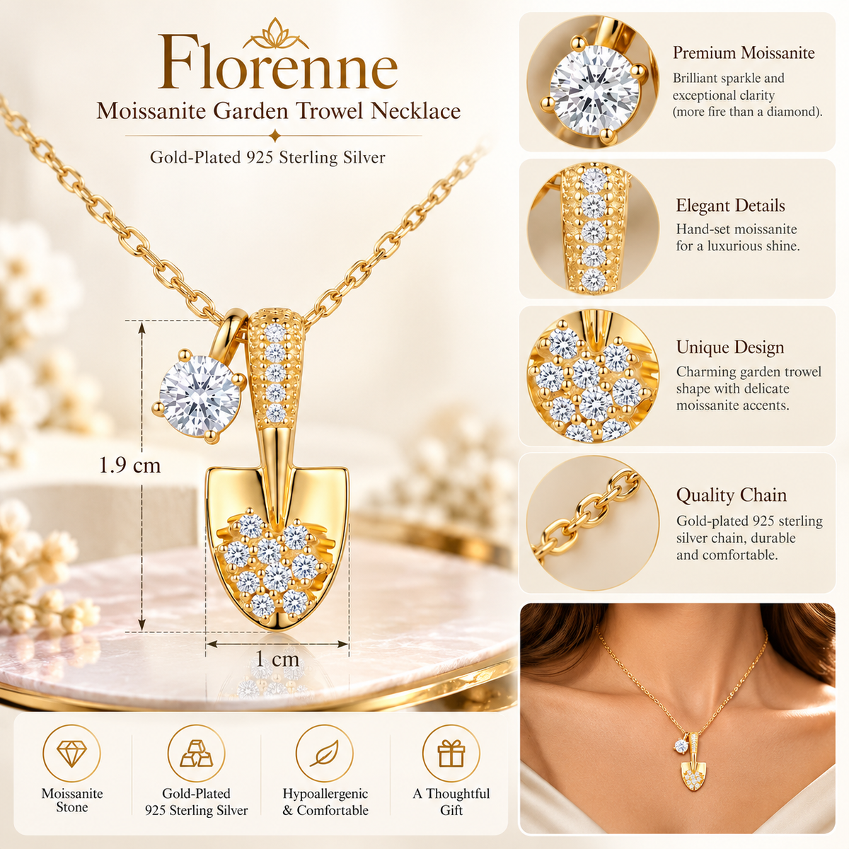 Florenne Moissanite Garden Trowel Necklace - Gold-Plated 925 Sterling Silver  Jewellar