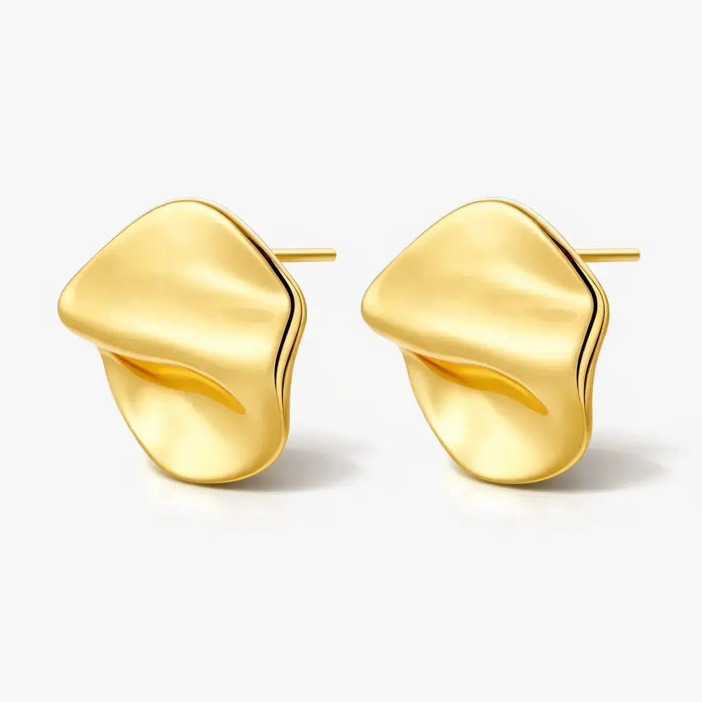 Abstract gold-plated sterling silver flow stud earrings on a white background