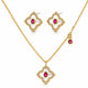 Gold jewelry set featuring a necklace and matching earrings with white pearl-like inlays, small clear stones, and central pink gemstone accents, shown on a white background.