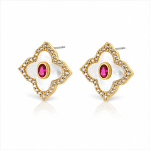 A pair of gold and white flower-shaped stud earrings with a central pink gemstone and small clear rhinestone accents, shown on a white background.