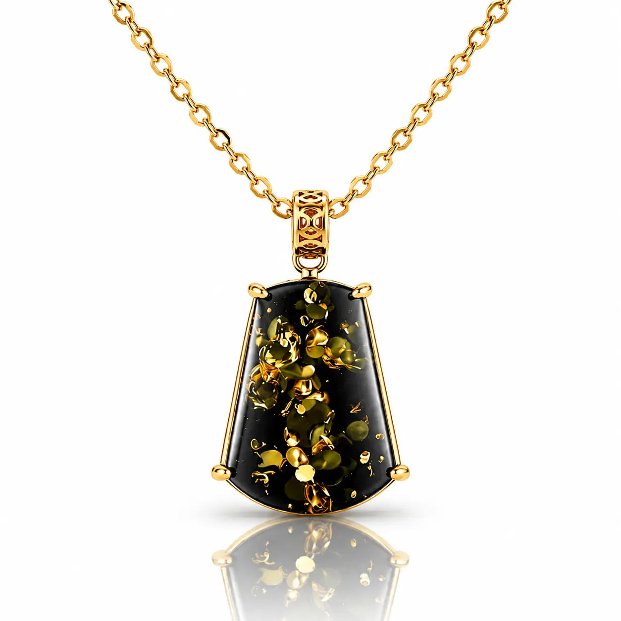 A gold pendant necklace featuring a faceted shield-shaped black stone with shimmering gold inclusions, suspended from a delicate gold chain on a white background with a soft reflection.