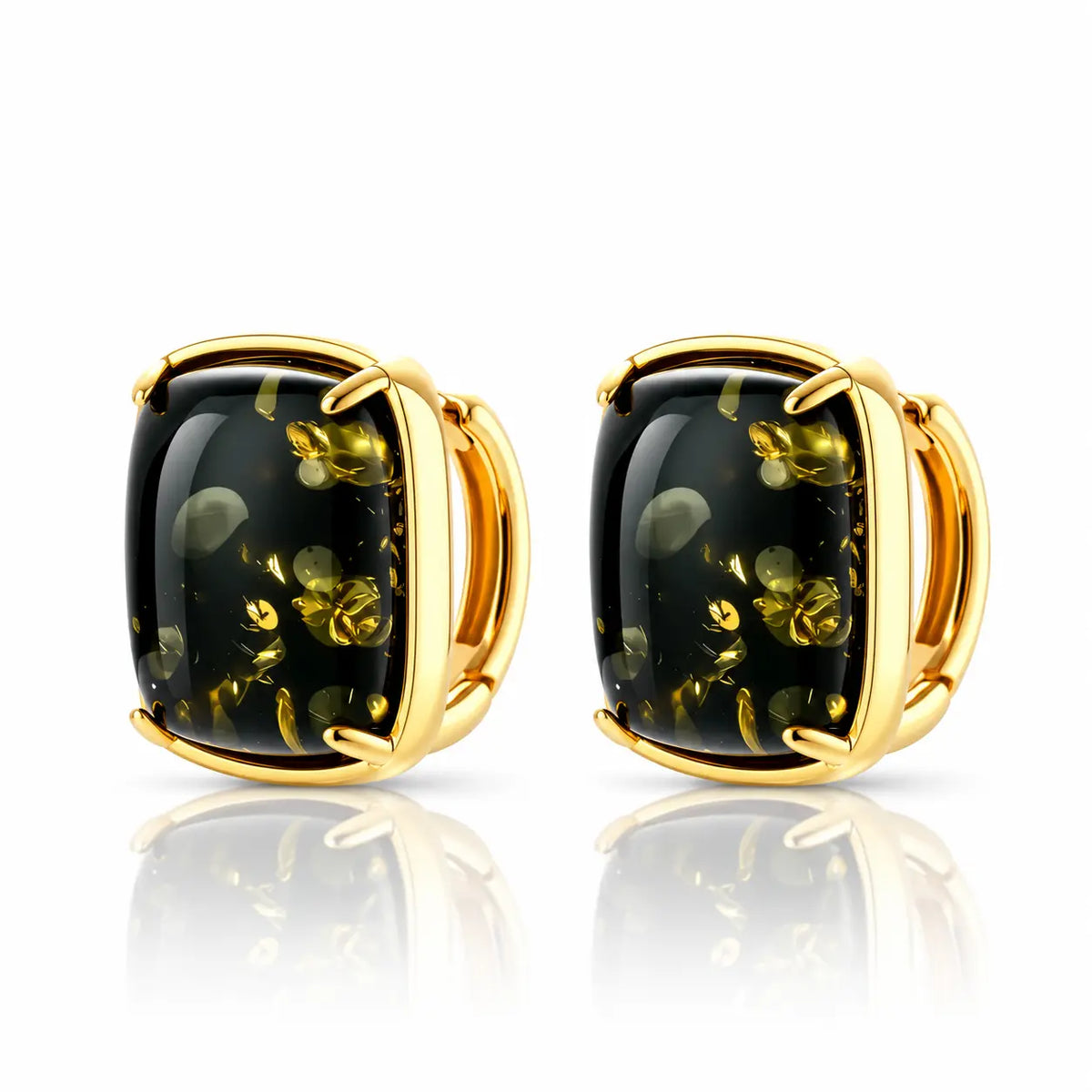 A pair of gold-toned stud earrings with cushion-cut black onyx-like stones containing golden inclusions, shown on a white background with a soft reflection below.