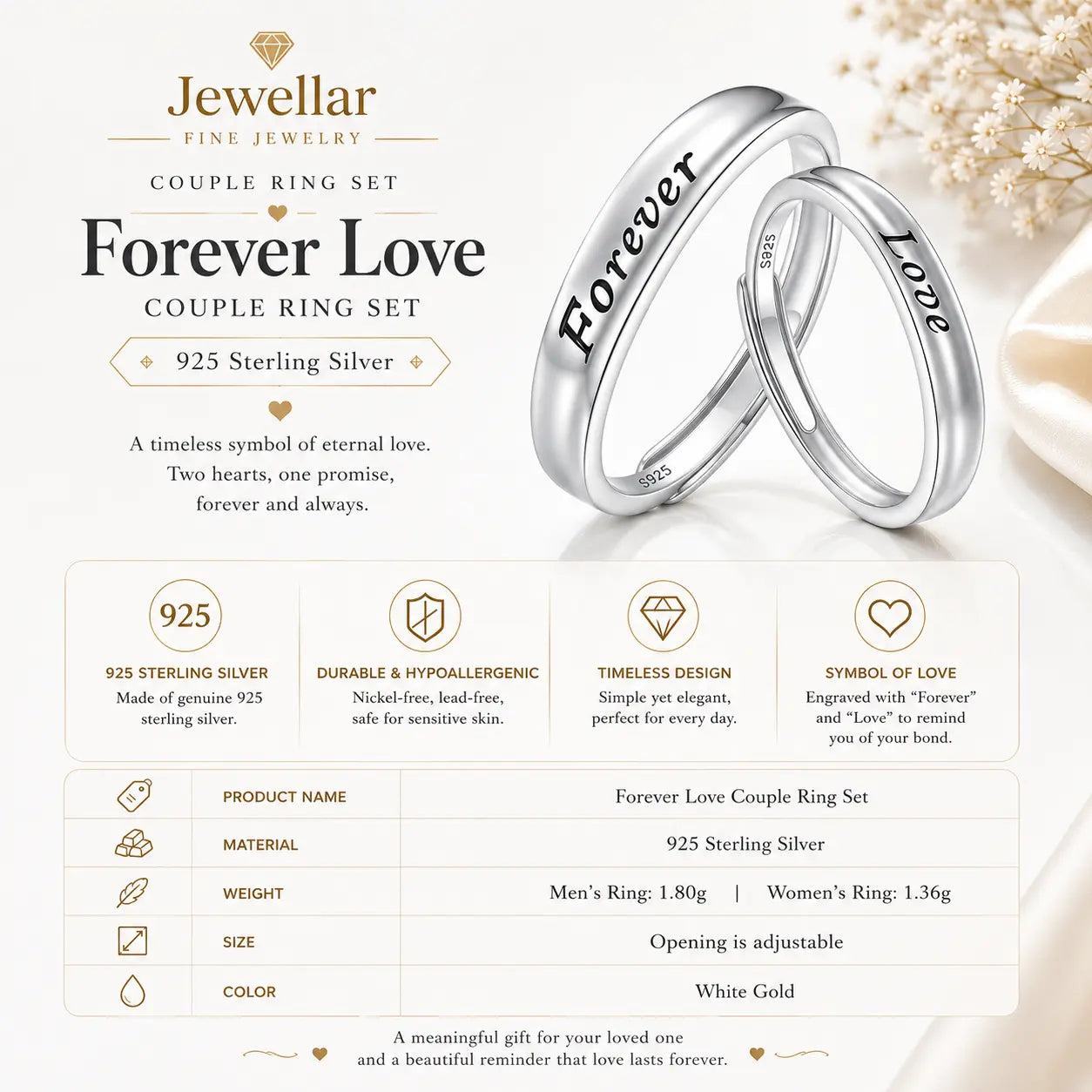 Jewellar Forever Love Couple Ring Set made of 925 sterling silver, featuring two interlocking rings engraved with 'Forever' and 'Love'. The image includes product specifications, sizing, and a clean, elegant background with dried flowers.