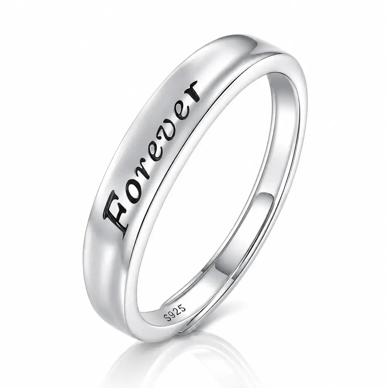 A polished silver band ring engraved with the word 'Forever' in black script, shown on a clean white background with a soft reflection below.