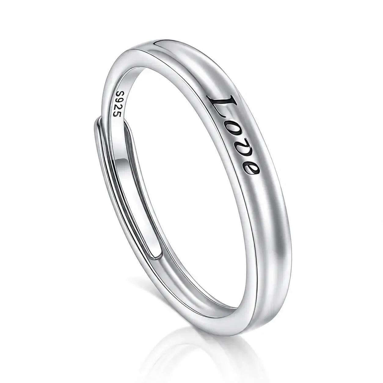 A polished sterling silver ring with the word 'Love' engraved on the outer band and 'S925' stamped on the inner band, shown on a clean white background with a soft reflection.