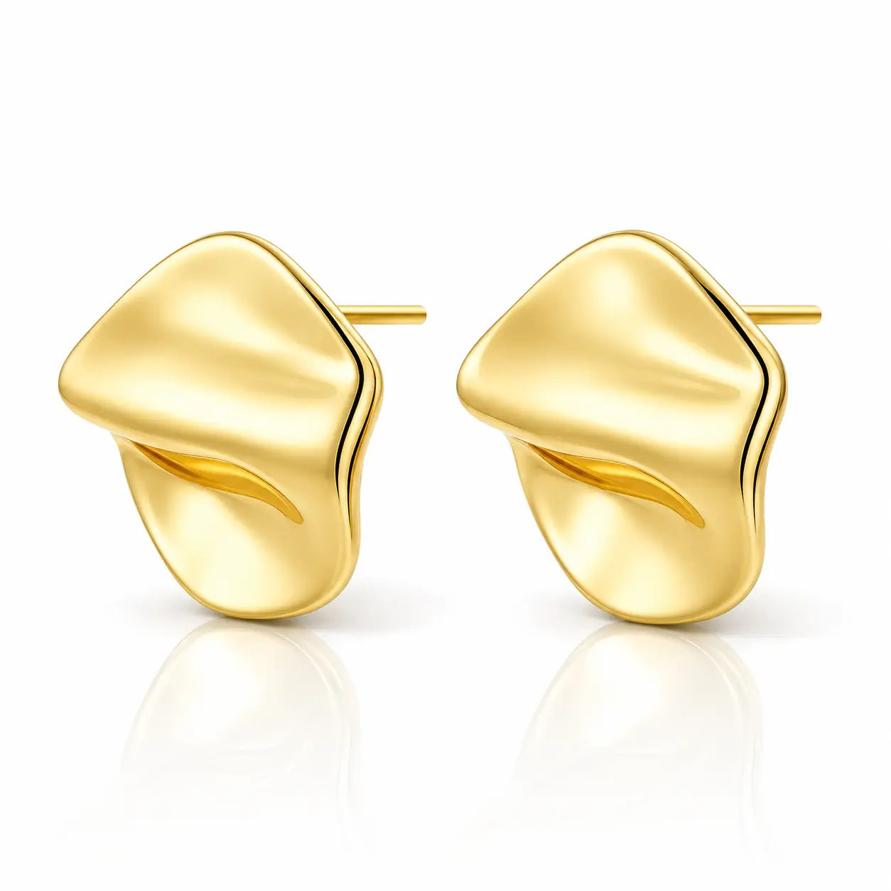 A pair of gold abstract stud earrings with a smooth, organic wavy design, displayed on a clean white background with a soft reflection below.