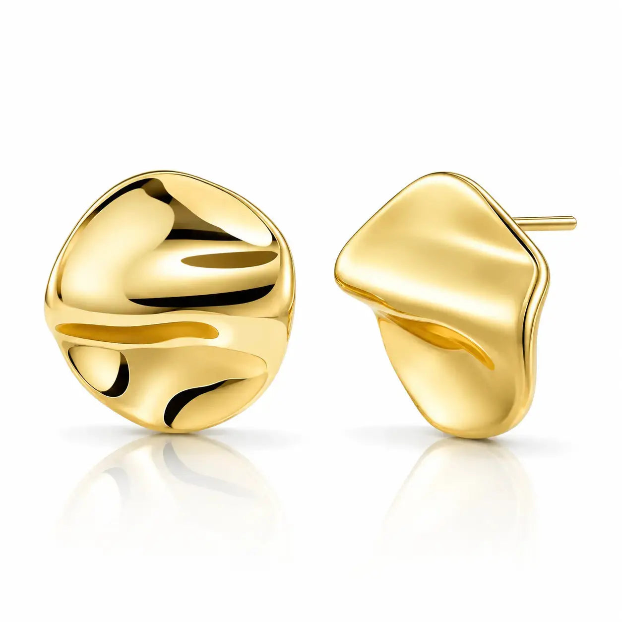 A pair of gold abstract stud earrings with a smooth, organic wavy design, displayed on a clean white background with a soft reflection below.