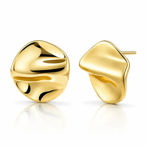A pair of gold abstract stud earrings with a smooth, organic wavy design, displayed on a clean white background with a soft reflection below.