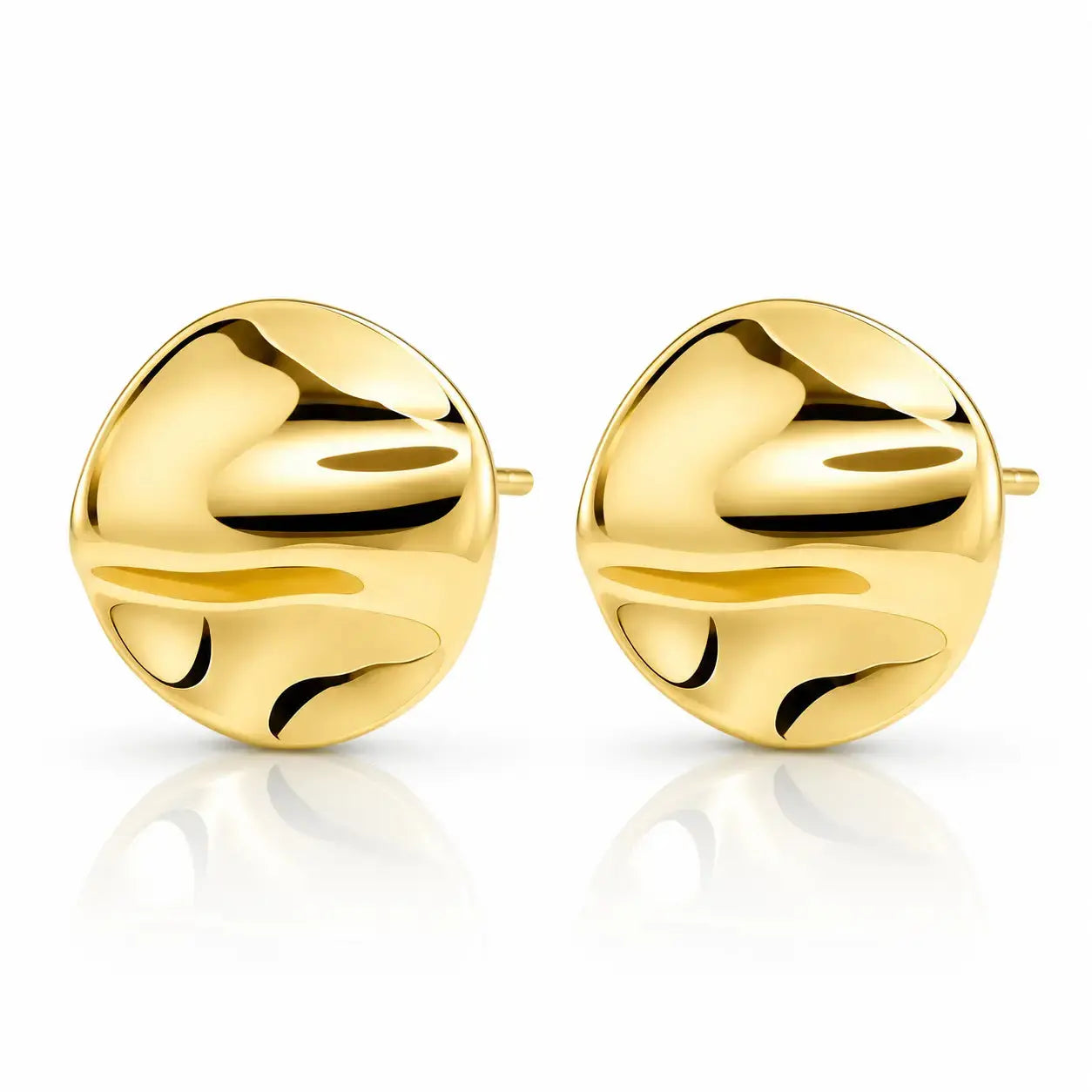 A pair of gold abstract stud earrings with a smooth, organic wavy design, displayed on a clean white background with a soft reflection below.